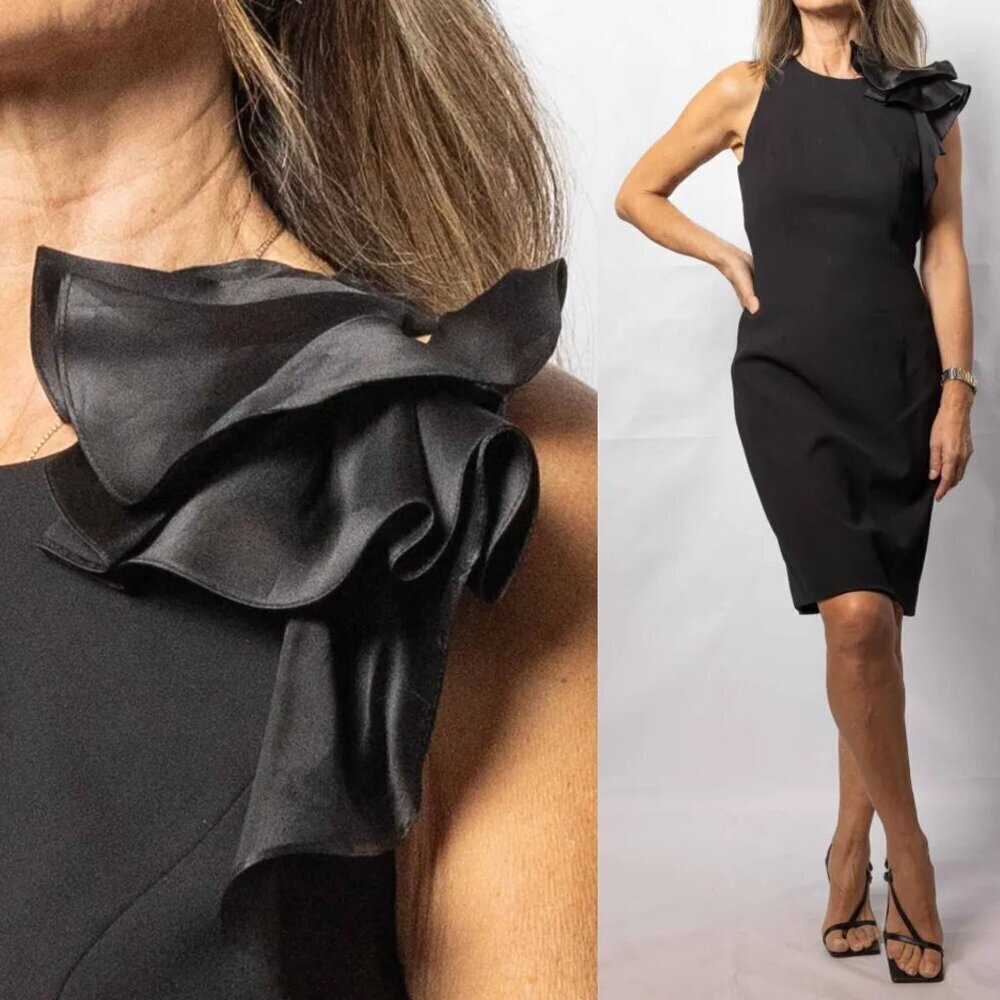 Carmen Marc Valvo Shoulder Ruffle Sheath Dress Black Size 2- 47442